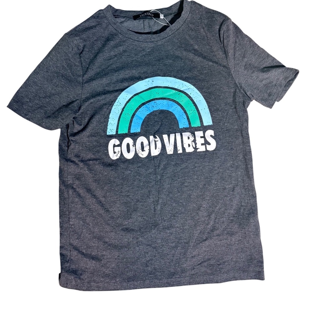 Yexipo Women Rainbow Good Vibes Graphic T Shirt Dark Gray Size Small